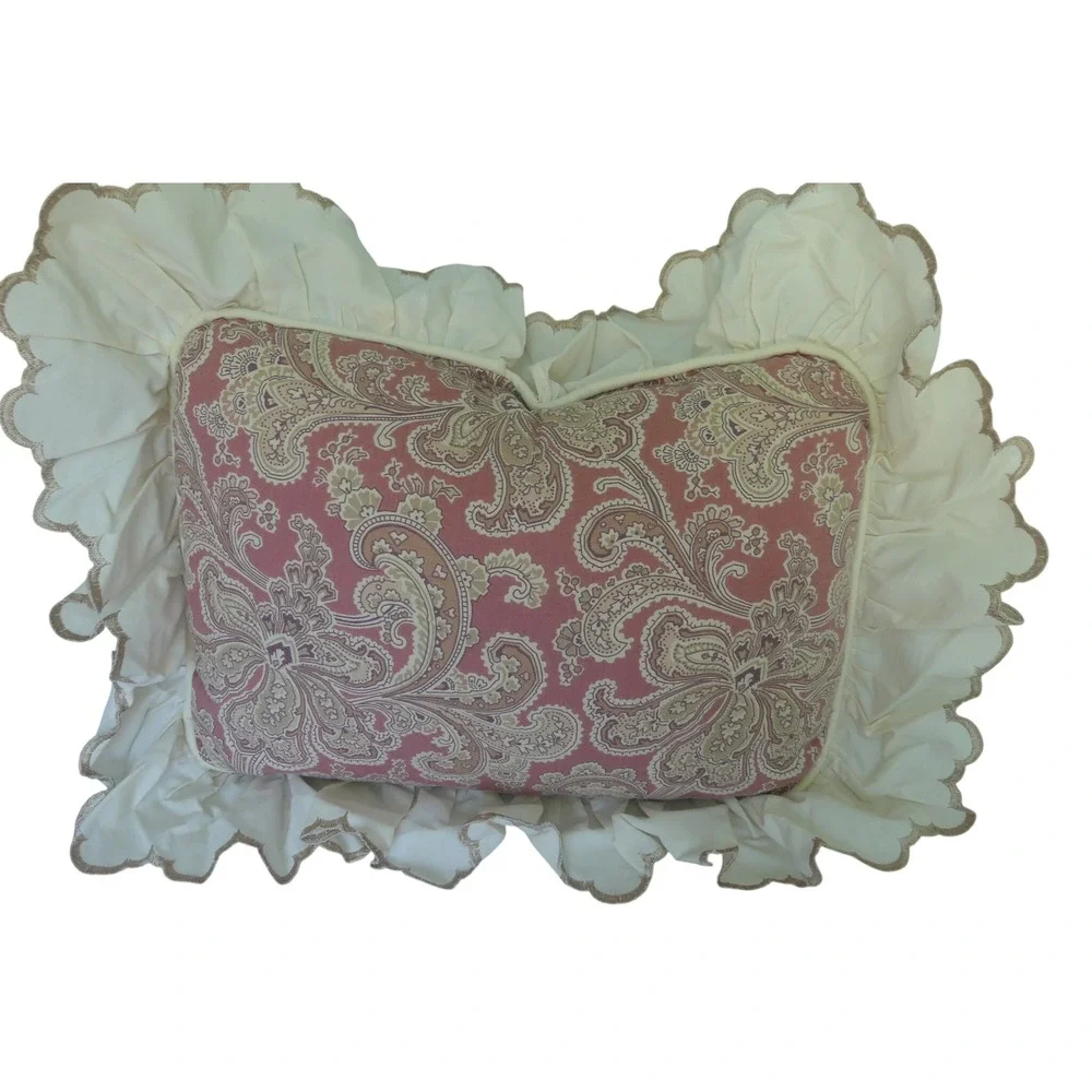 Croscill Paisley Ruffle Throw Pillow Rose Tan Scalloped Edge USA Vtg Cottagecore